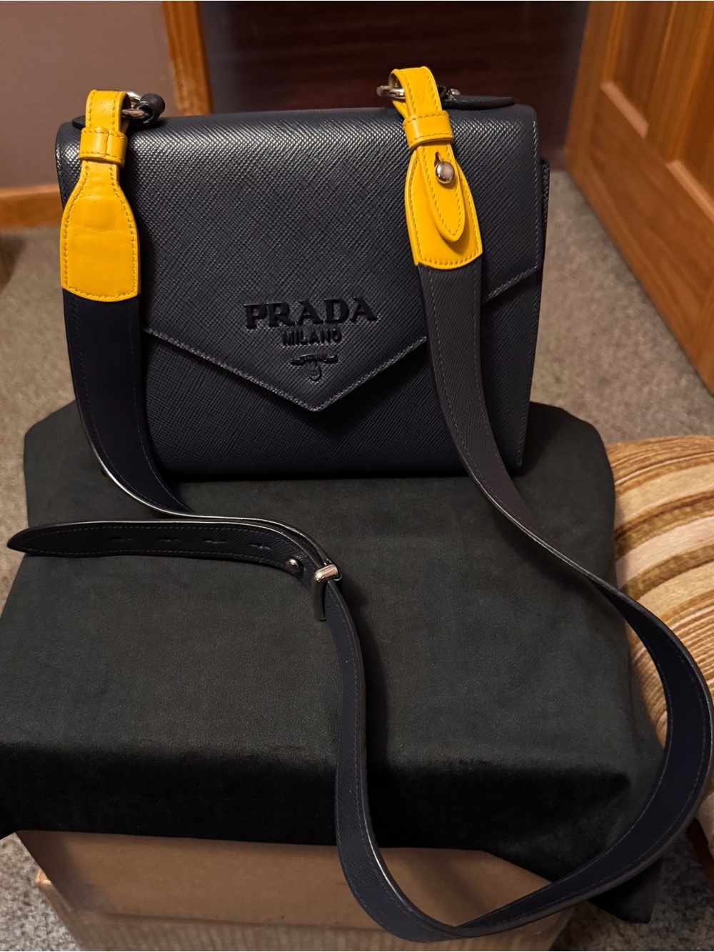 Prada Navy Crossbody Bag with Yellow Strap Accents